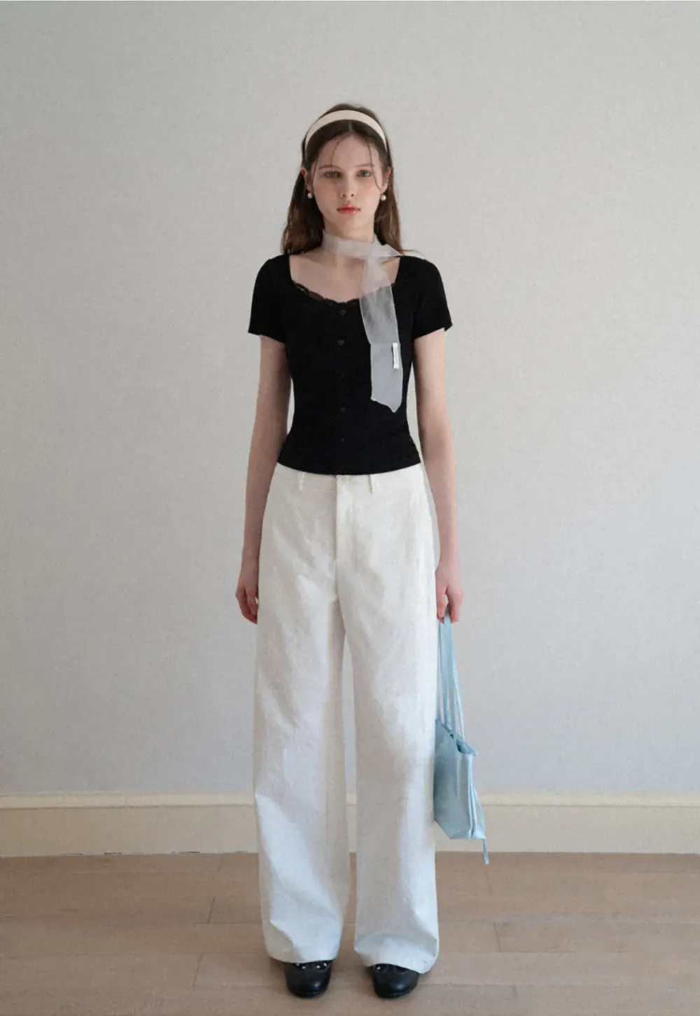 Short Sleeve Button Front Top with Lace Trim