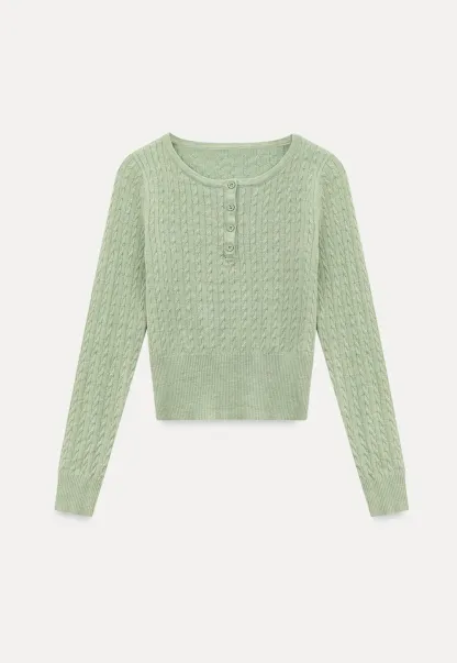 Cable Knit Long Sleeve Sweater with Button Detail