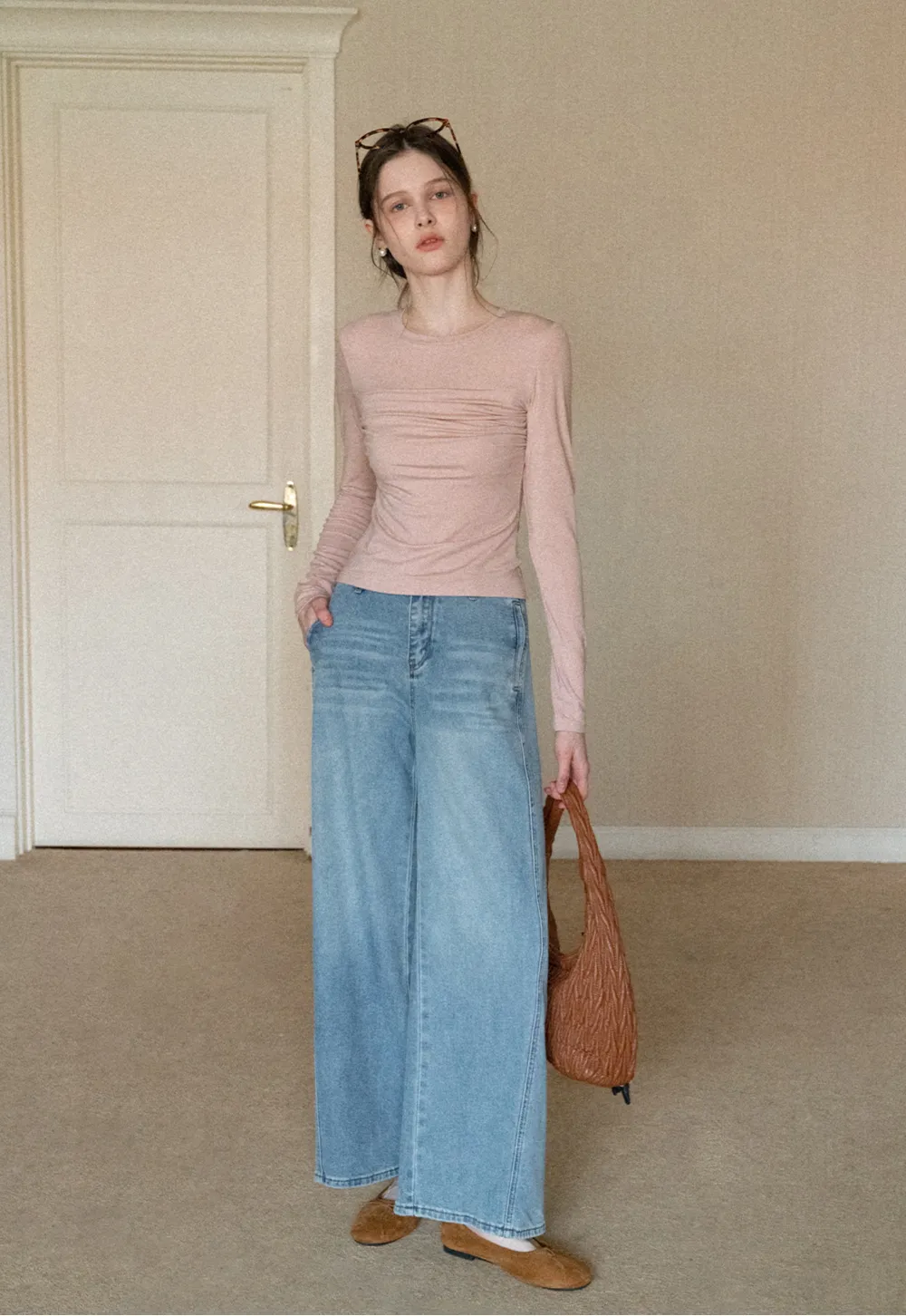 Ruched Long Sleeve T-Shirt with Gathered Detail