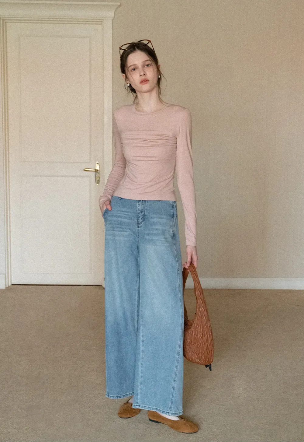 Ruched Long Sleeve T-Shirt with Gathered Detail