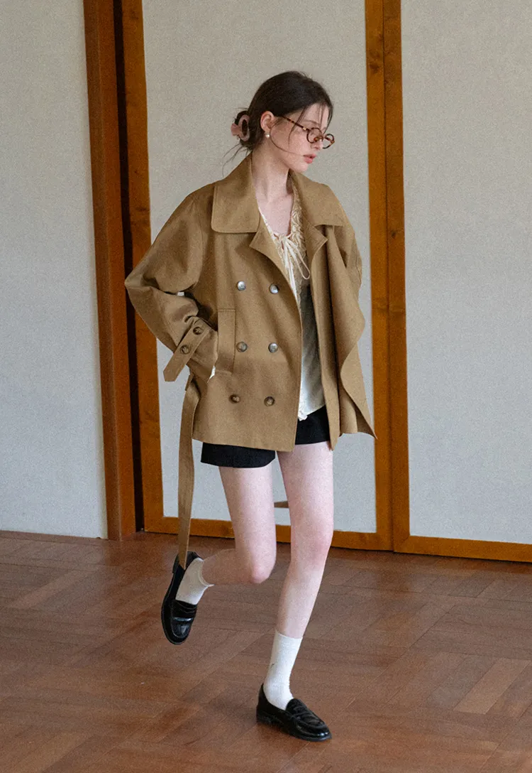 Double Breasted Short Jacket with Belted Waist