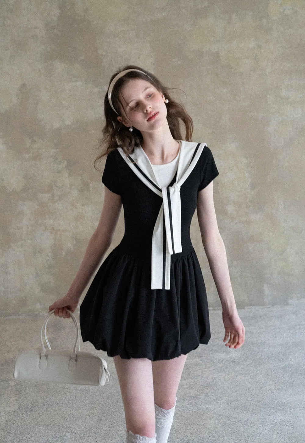 Sailor Collar Short Sleeve Flared Dress