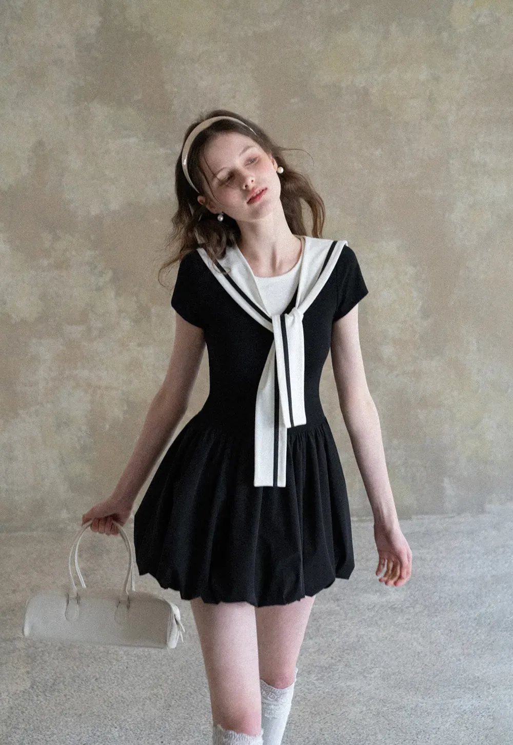 Sailor Collar Short Sleeve Flared Dress