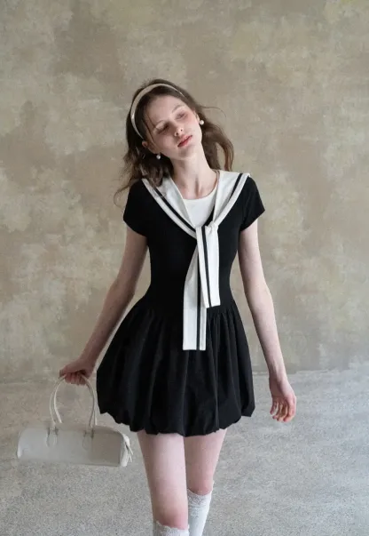 Sailor Collar Short Sleeve Flared Dress
