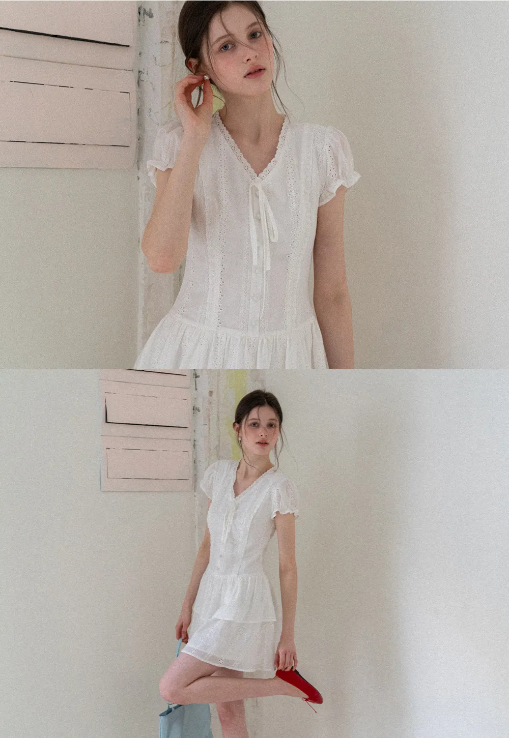 Eyelet Lace Dress with Puffed Sleeves and Tiered Skirt