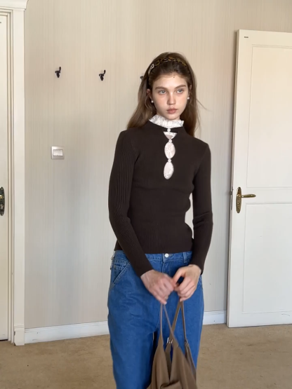 Womens Ribbed Mock Neck Top with Lace Buttons