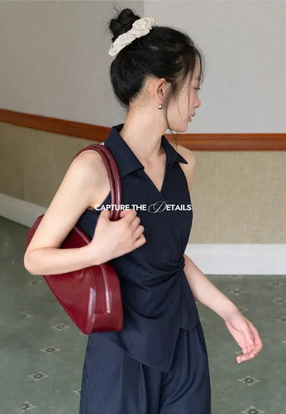 Sleeveless Collared Top with Wrap Detail and Wide Leg Pants