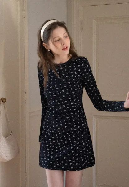 Long Sleeve Floral Print Dress with Cross Neck Detail