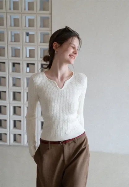 V Neck Cable Knit Sweater Top