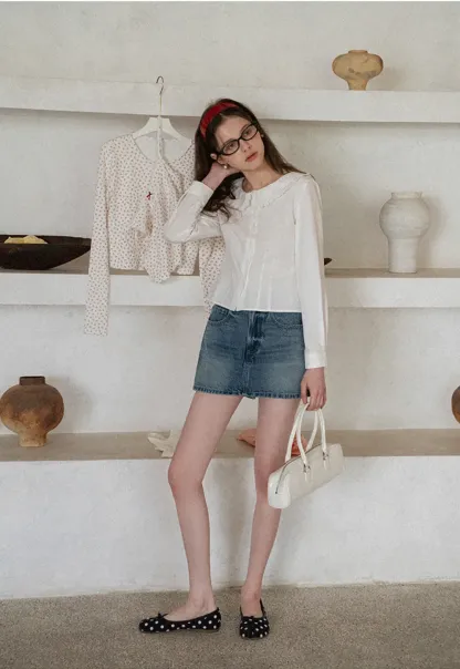 Long sleeve button front shirt with lace collar