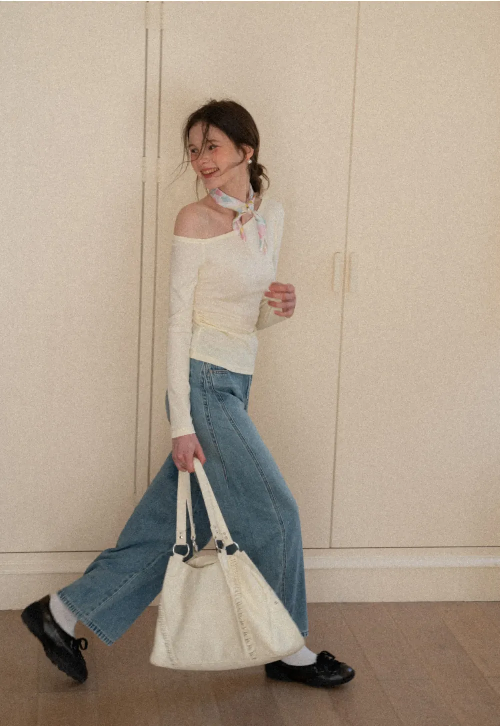 Asymmetrical long sleeve off shoulder top