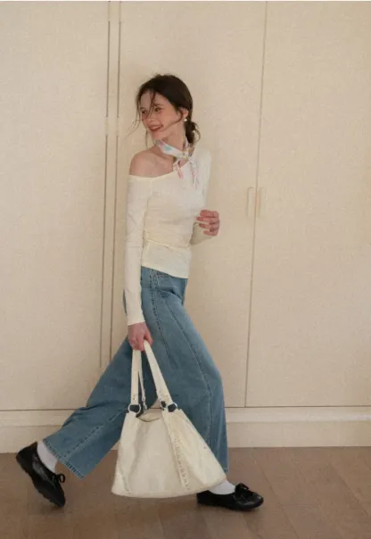 Asymmetrical long sleeve off shoulder top