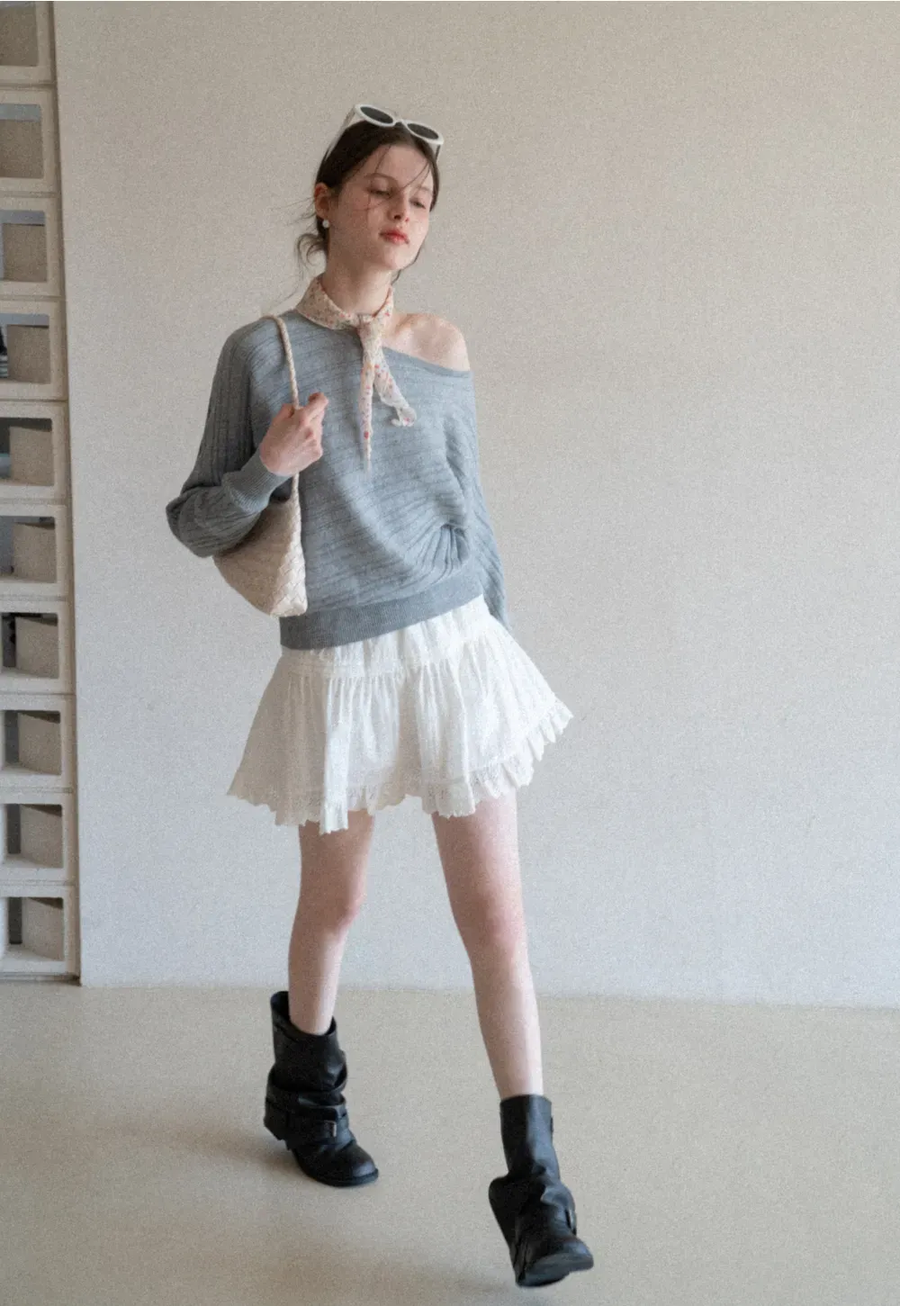 Ribbed knit sweater with wide neckline and long sleeves