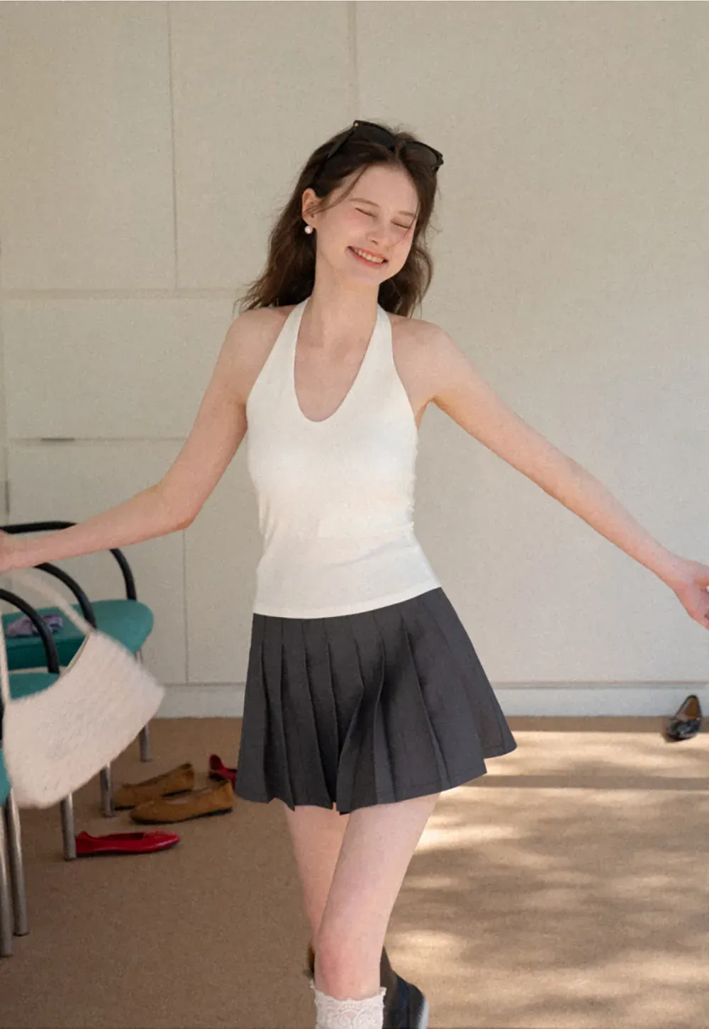 V neck halter tank top with fitted silhouette