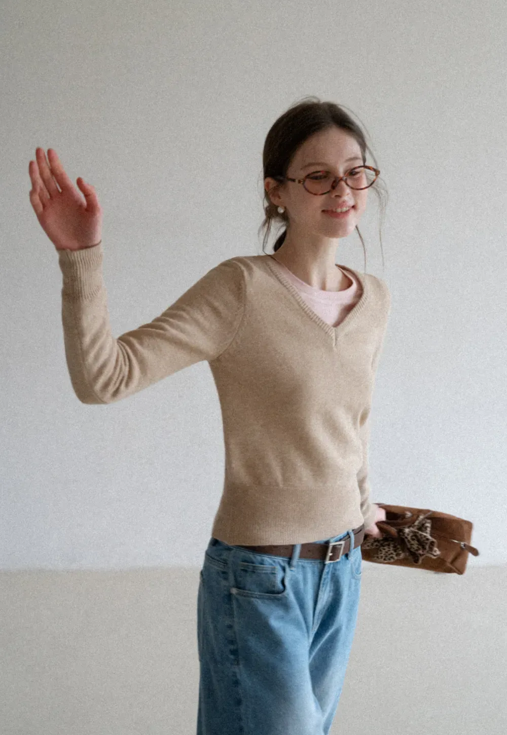 V Neck Knit Sweater with Layered Collar Design