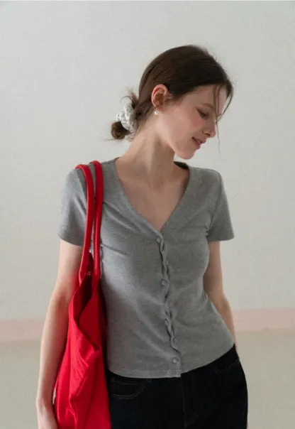 V neck short sleeve button front top