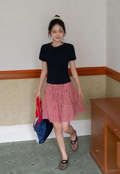 Gingham Pattern Tiered Skirt