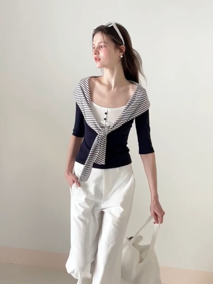 Striped collar tie front short sleeve top