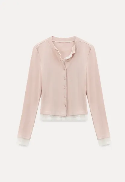 Long sleeve button front knit top with collar