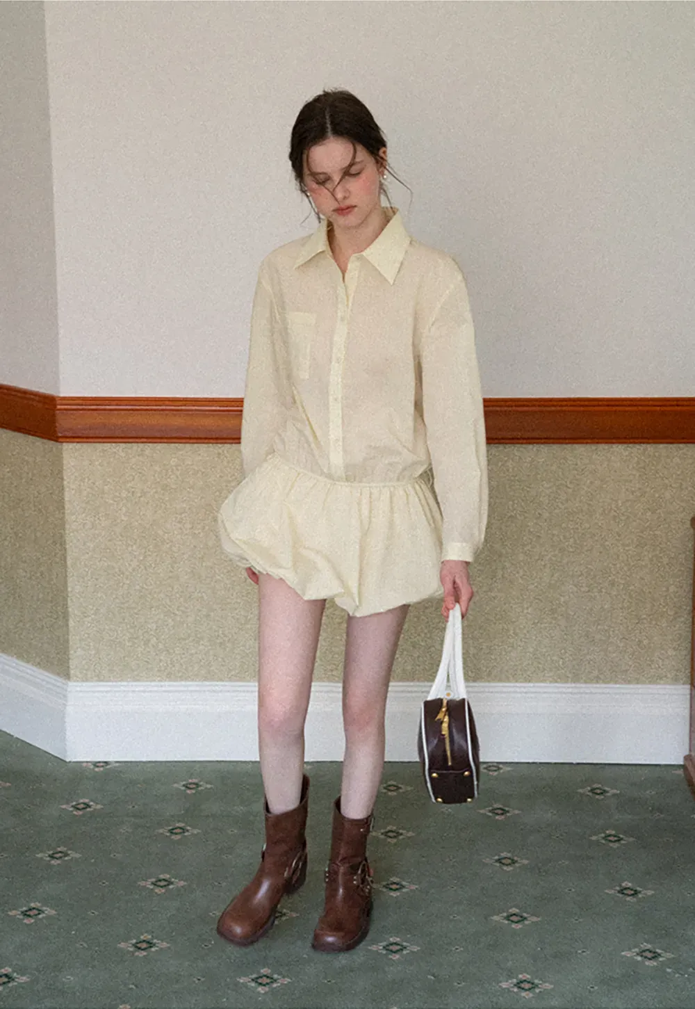 Button Front Shirt Dress with Pleated Pocket and Elastic Waist