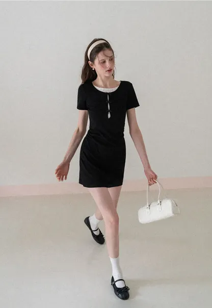Short Sleeve Dress with Polka Dot Collar and Front Knot Detail