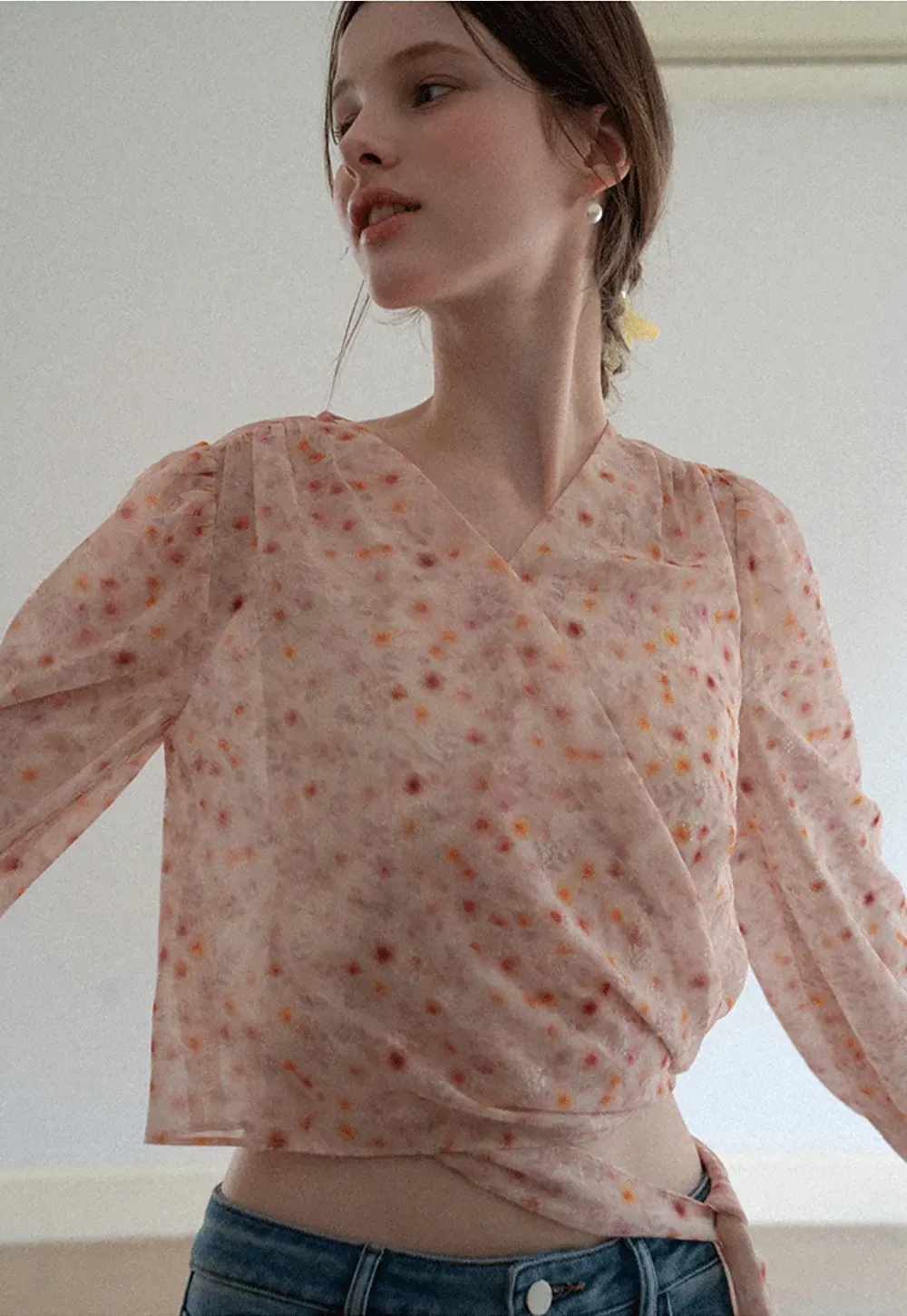 Lace Chiffon Wrap Blouse with Long Sleeves