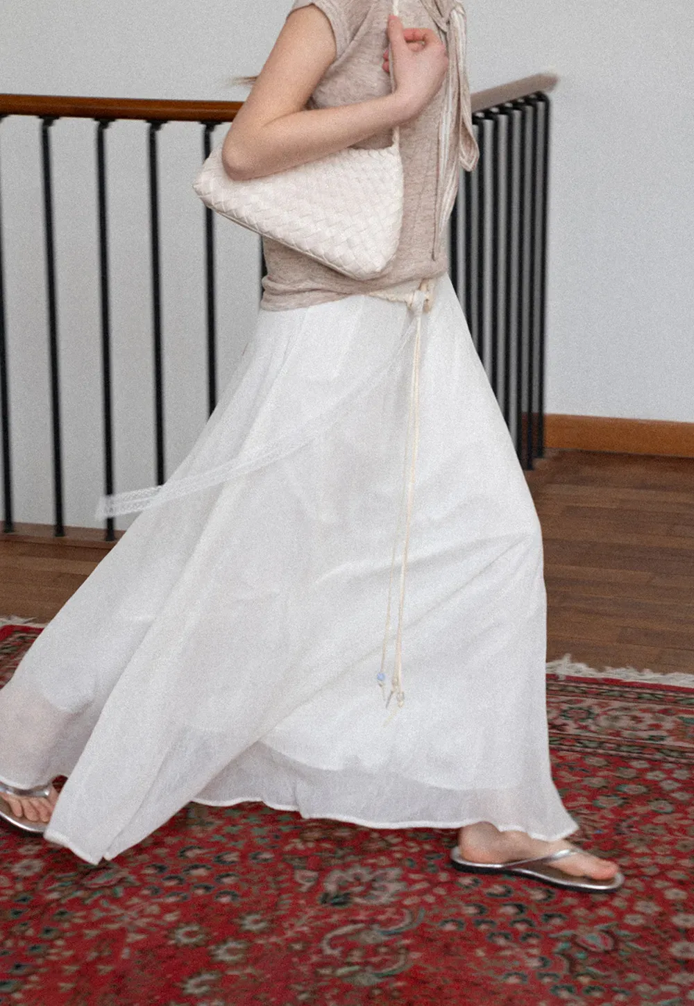 Flowy Maxi Skirt with Lace Trim and Drawstring Waist