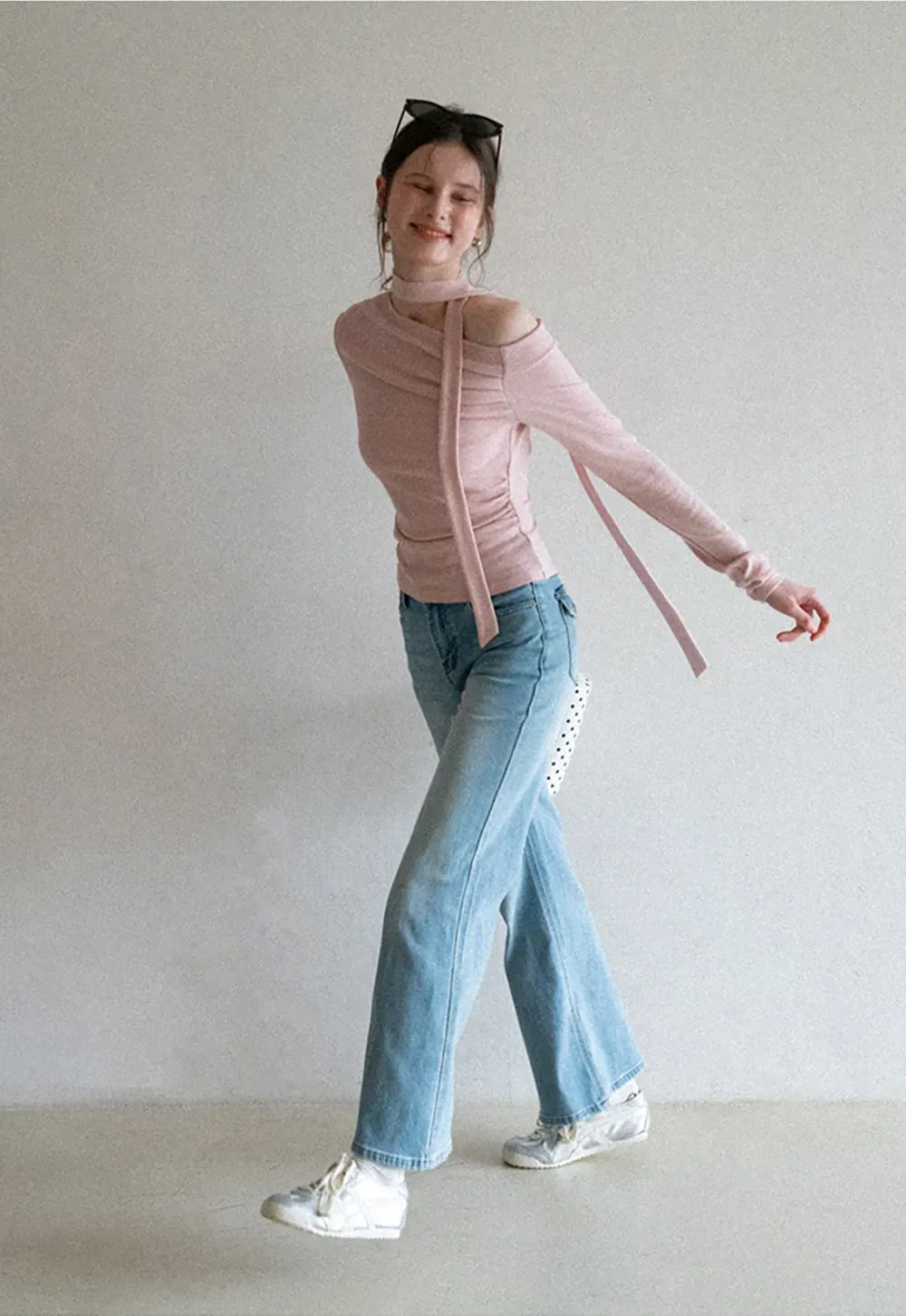 Long sleeve off shoulder top with neck tie detail