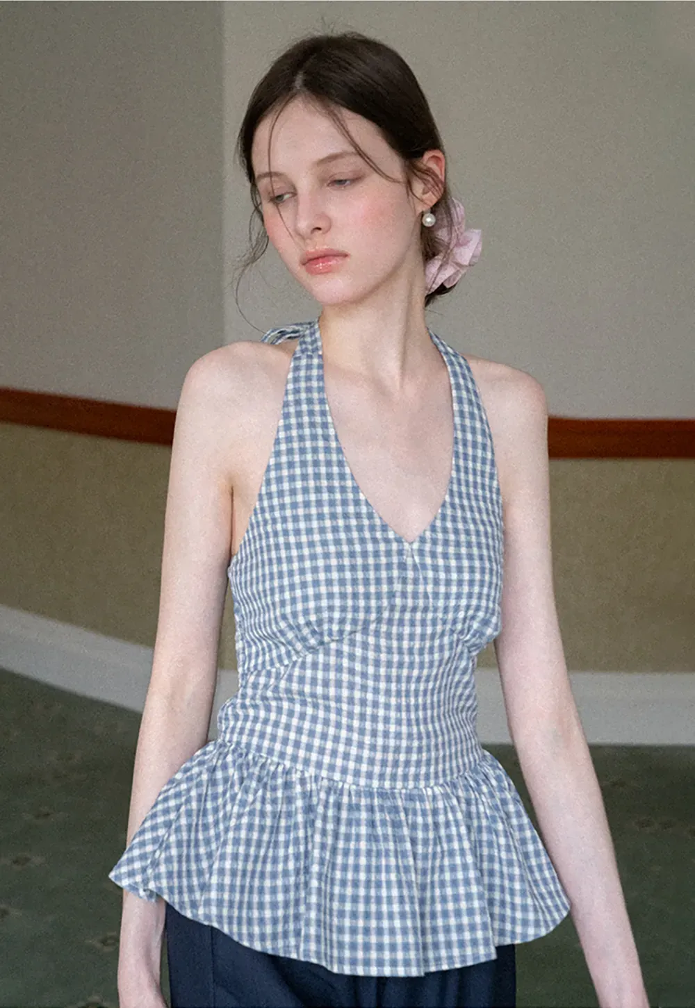 Gingham Halter Neck Peplum Top