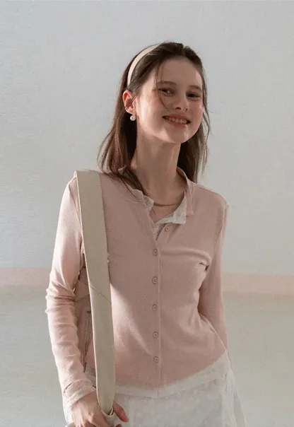 Long sleeve button front knit top with collar