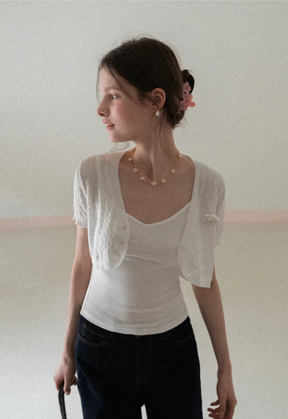 Short Sleeve Cable Knit Cardigan with Button Closure