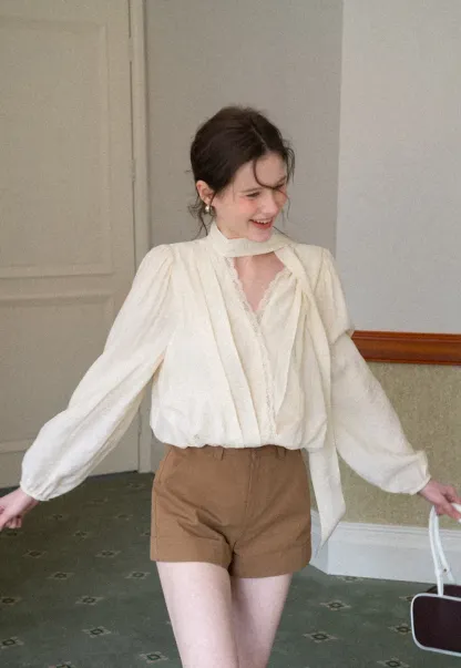 Blouse with Puffed Sleeves and Lace Trim