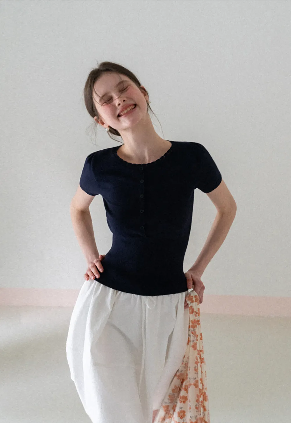 Short Sleeve Knit Top with Lace Trim and Button Placket