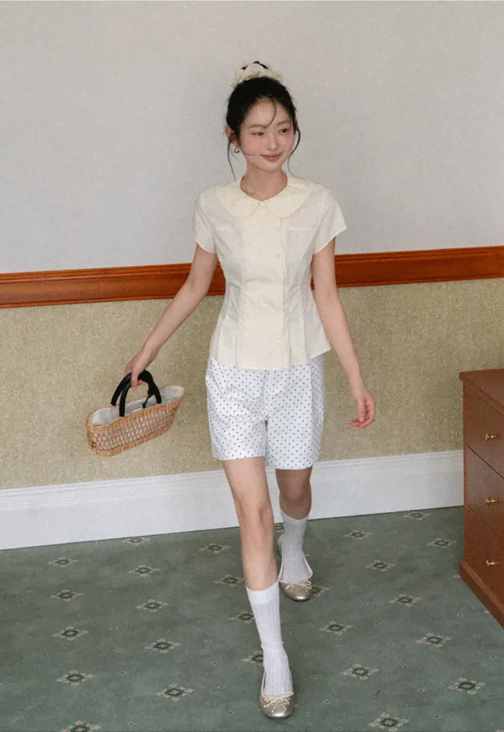 Short Sleeve Shirt with Peter Pan Collar and Peplum Hem