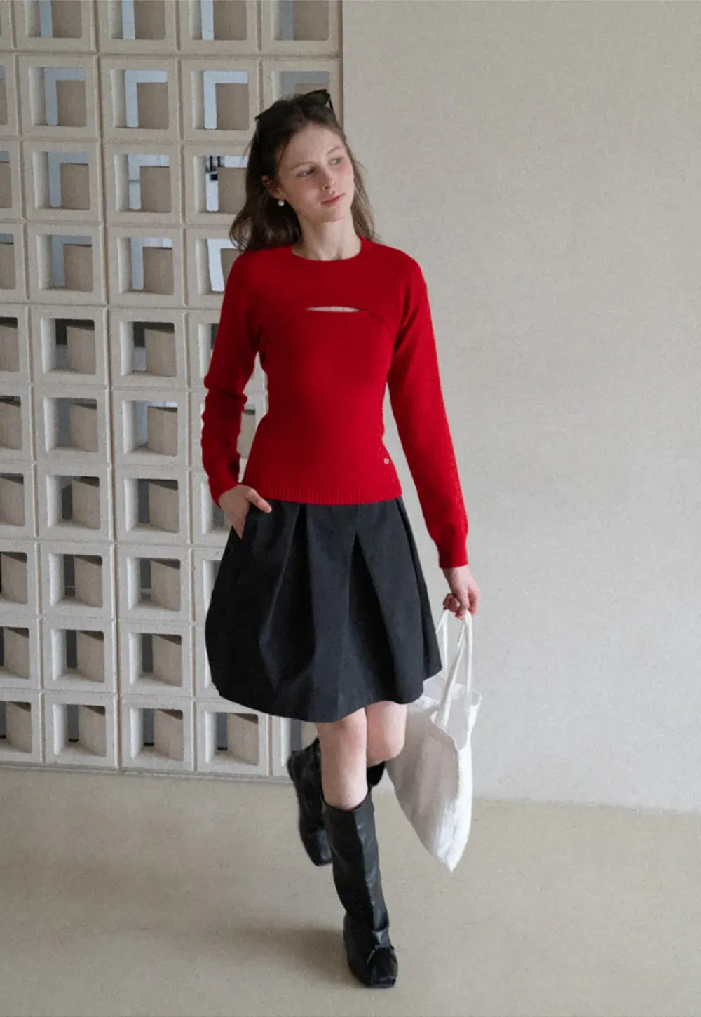 Cutout Detail Round Neck Knit Sweater