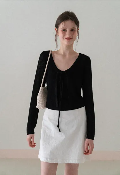 V Neck Long Sleeve Knit Cardigan with Front Tie