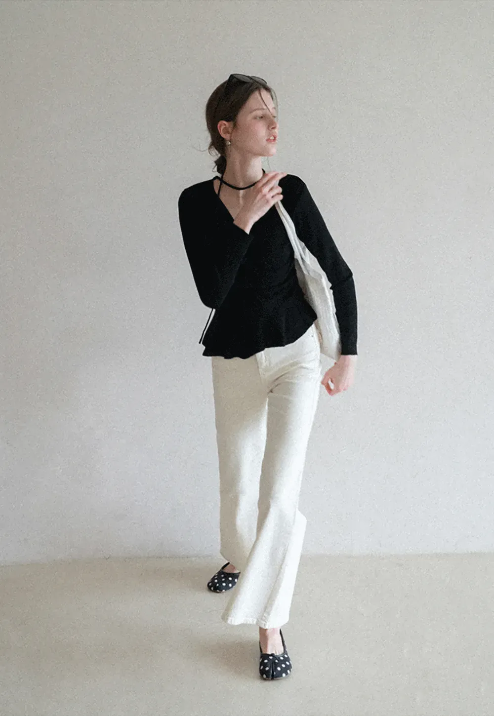 Long sleeve wrap knit sweater with ruched detail