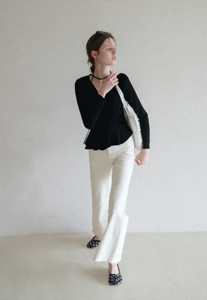Long sleeve wrap knit sweater with ruched detail