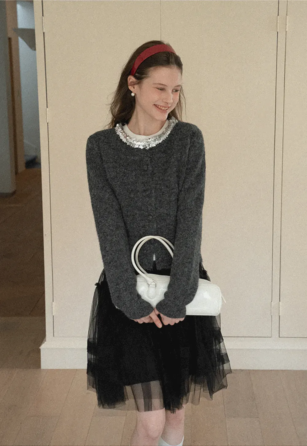 Elegant Woolen Knit Sweater with Embellished Neckline and Long Sleeves