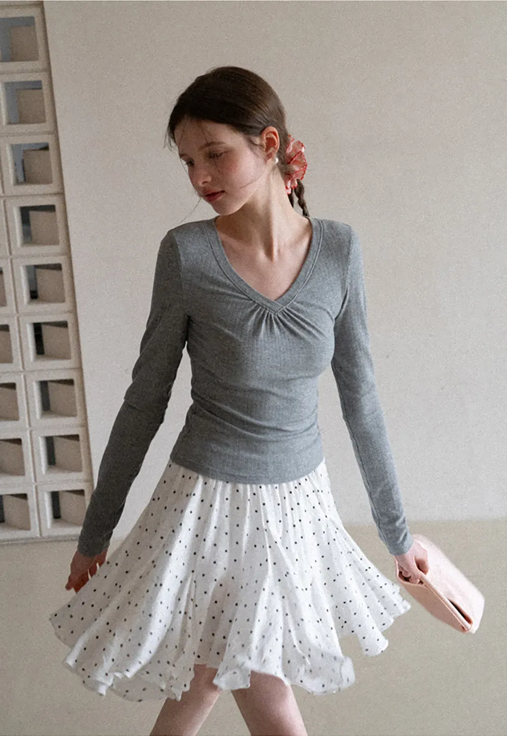 Polka dot pleated skirt with elastic waistband