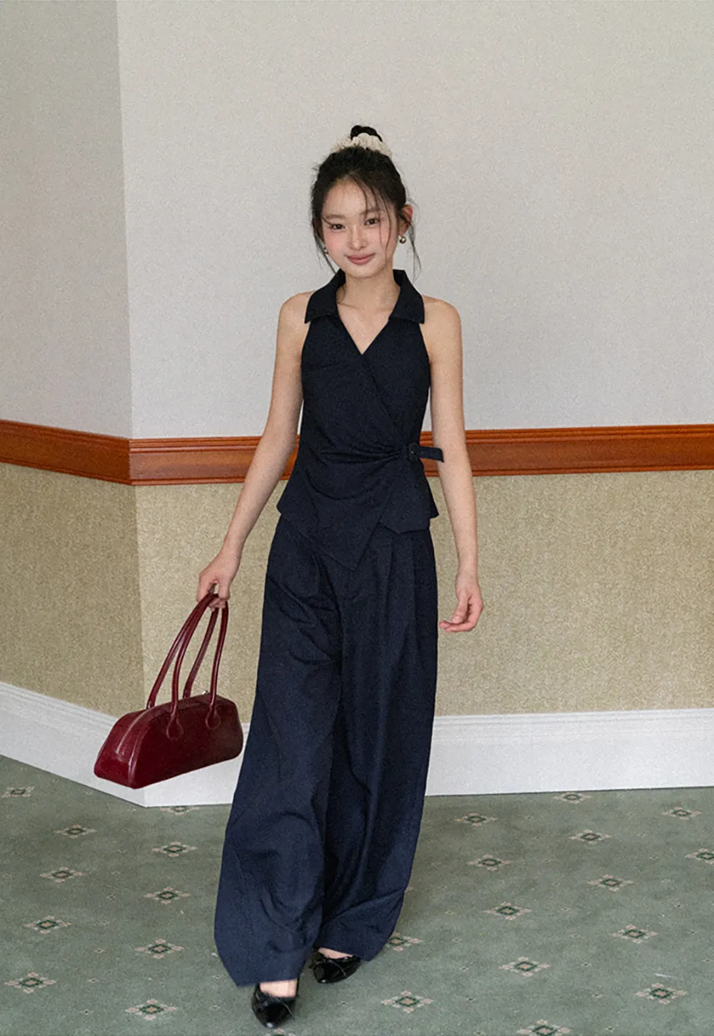 Sleeveless Collared Top with Wrap Detail and Wide Leg Pants