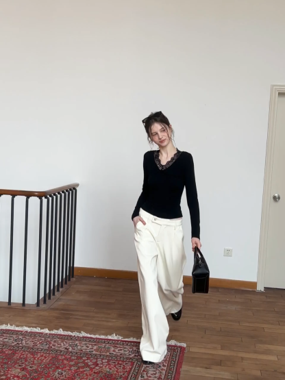 Elegant Black Lace-Trimmed Long Sleeve Top