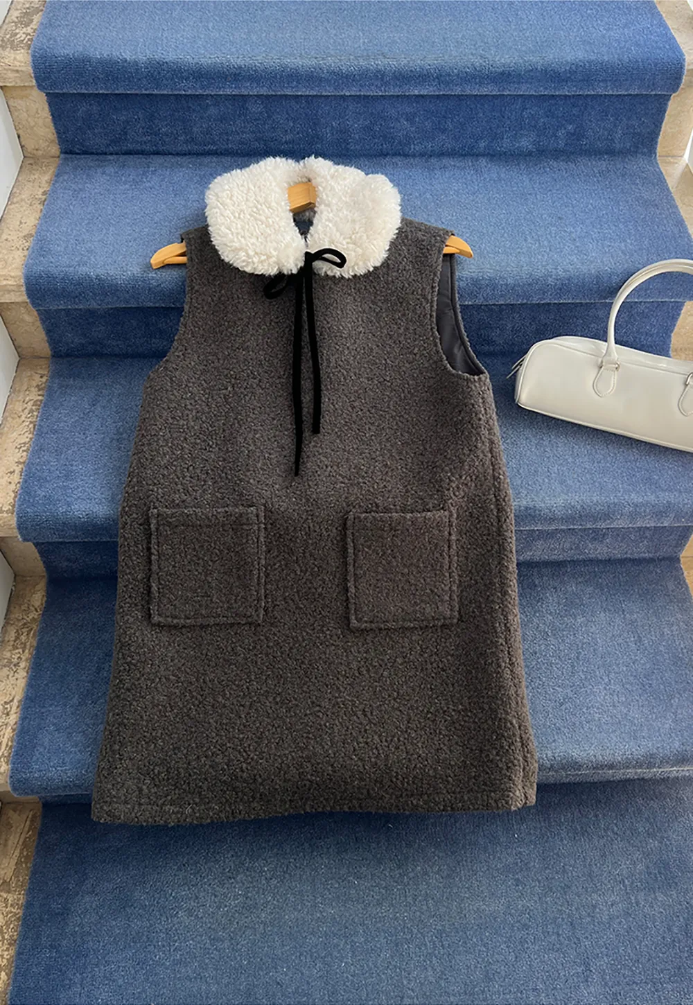 Wool Blend Sleeveless Dress with Faux Fur Collar