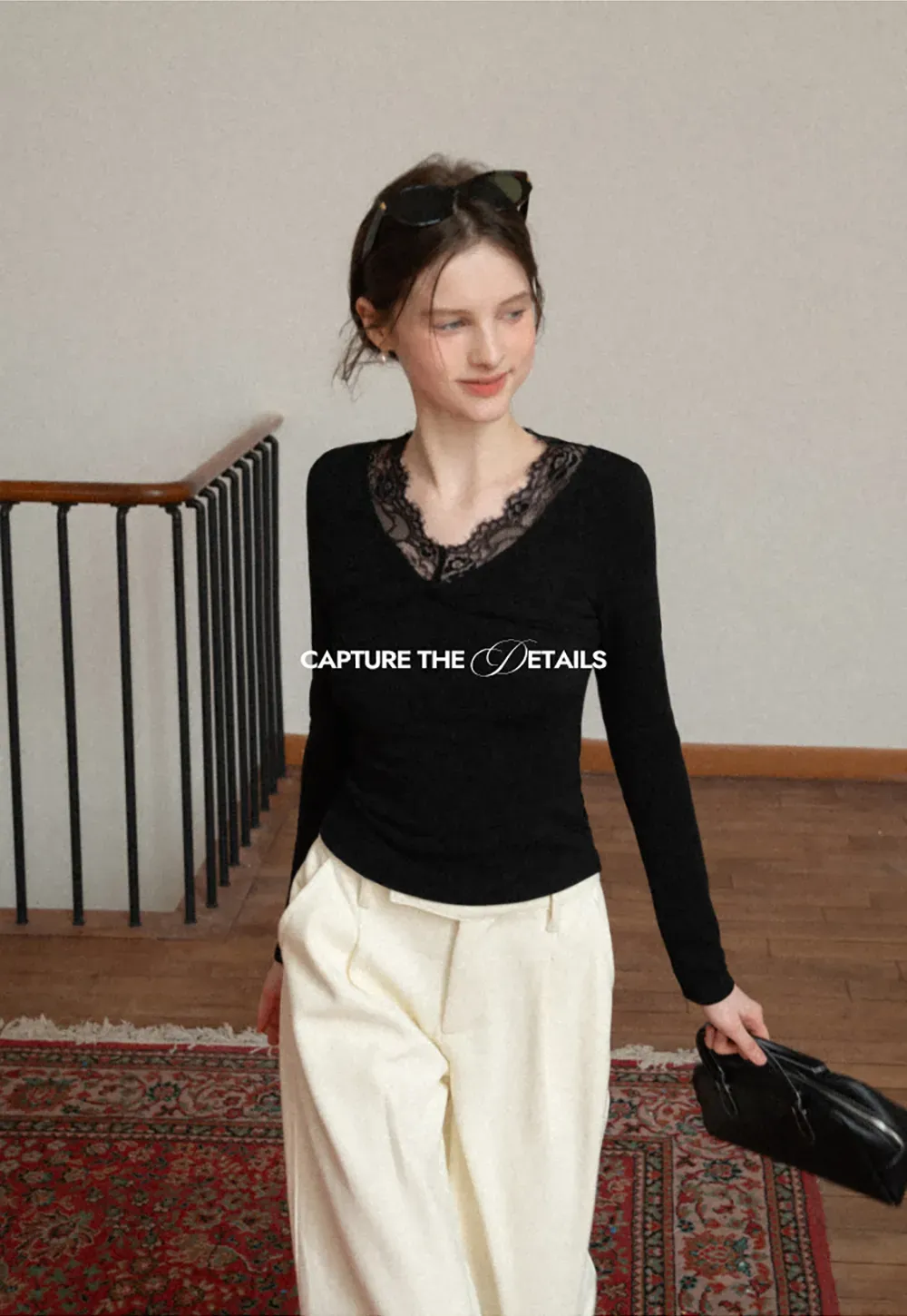 Elegant Black Lace-Trimmed Long Sleeve Top