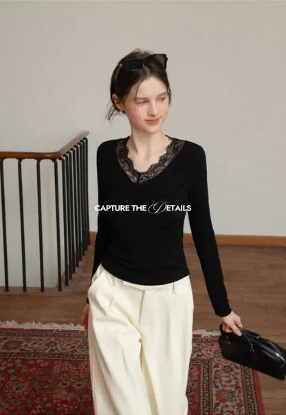 Elegant Black Lace-Trimmed Long Sleeve Top