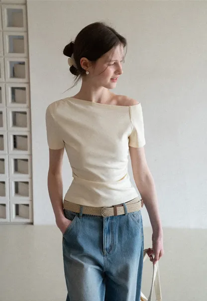 Off shoulder short sleeve fitted t shirt