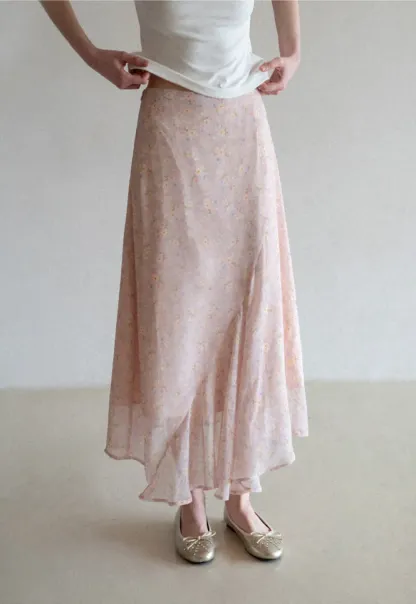 Flowy floral print midi skirt with layered hem