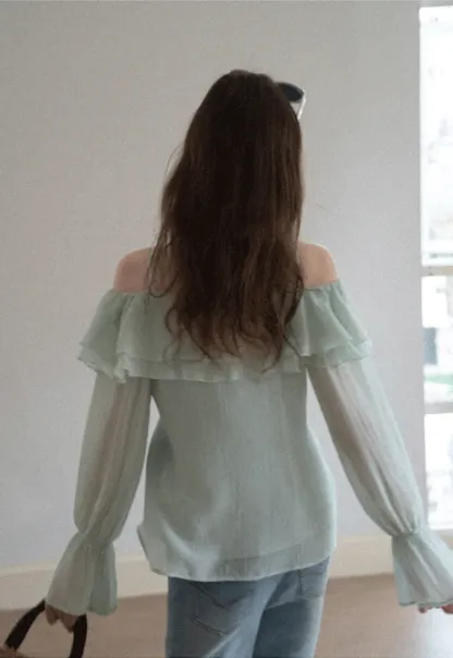 Off Shoulder Blouse with Ruffled Layers and Floral Embellishment
