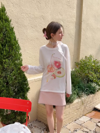 Oversized T shirt with fruit print and sheer neck detail