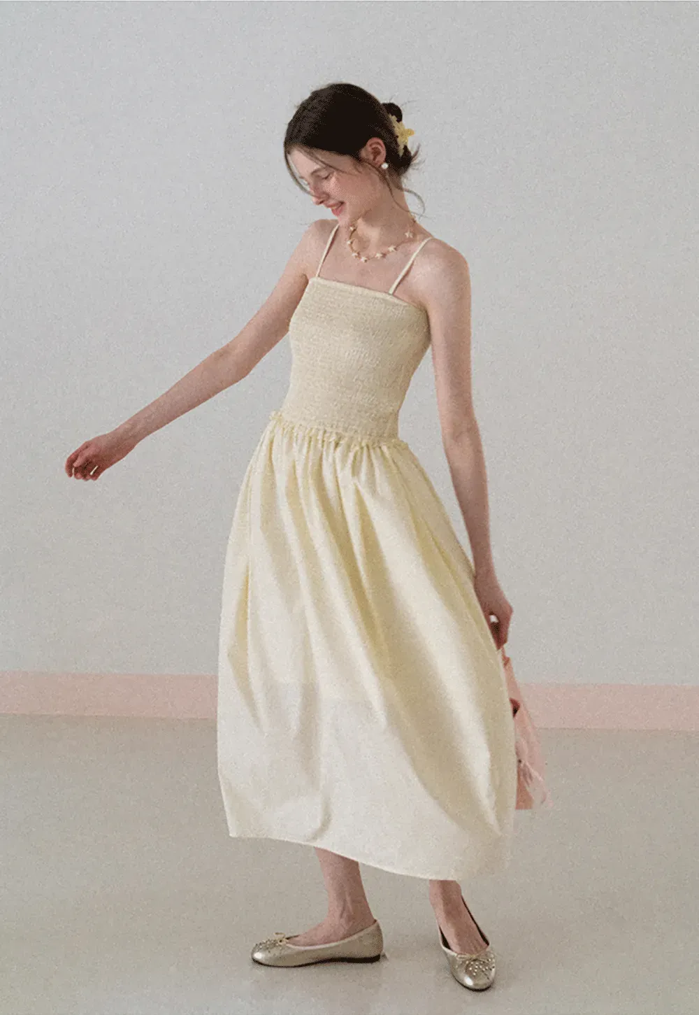 Strapless Smocked Bodice A Line Midi Dress